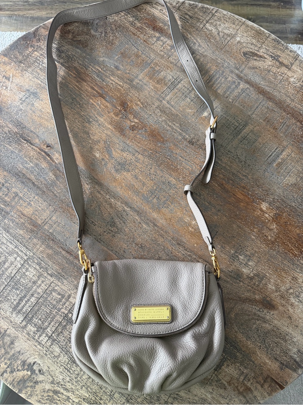 Marc by Marc Jacobs Gray Taupe Pebbled Leather Crossbody with Gold Plate